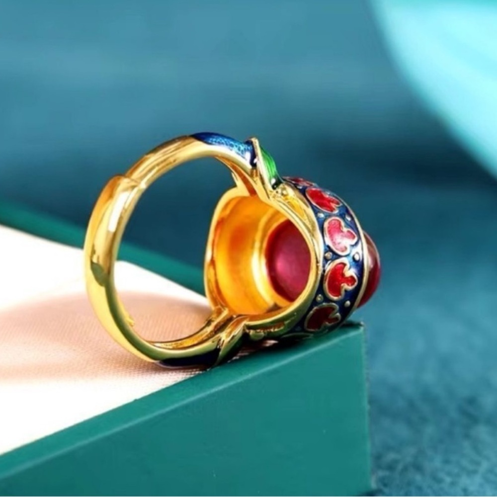 Anthropologie Gold Ring with Red Cabochon and Blue Enamel Accents - Picture 5 of 9